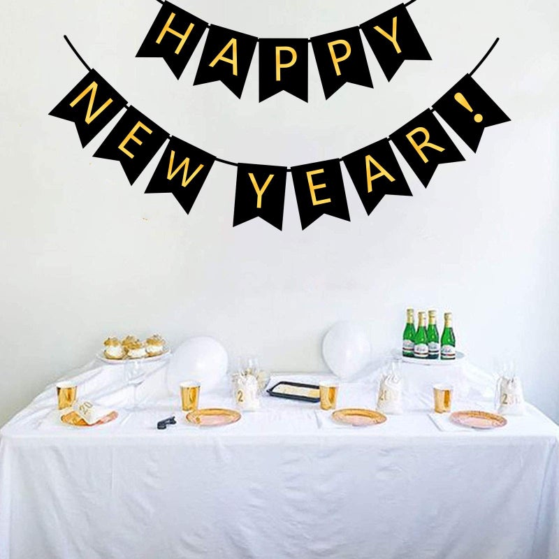 FECEDY Happy New Year Banner Black Bunting with Gold Alphabet for New Year Party Supplier Eve Party Decorations - Image 3
